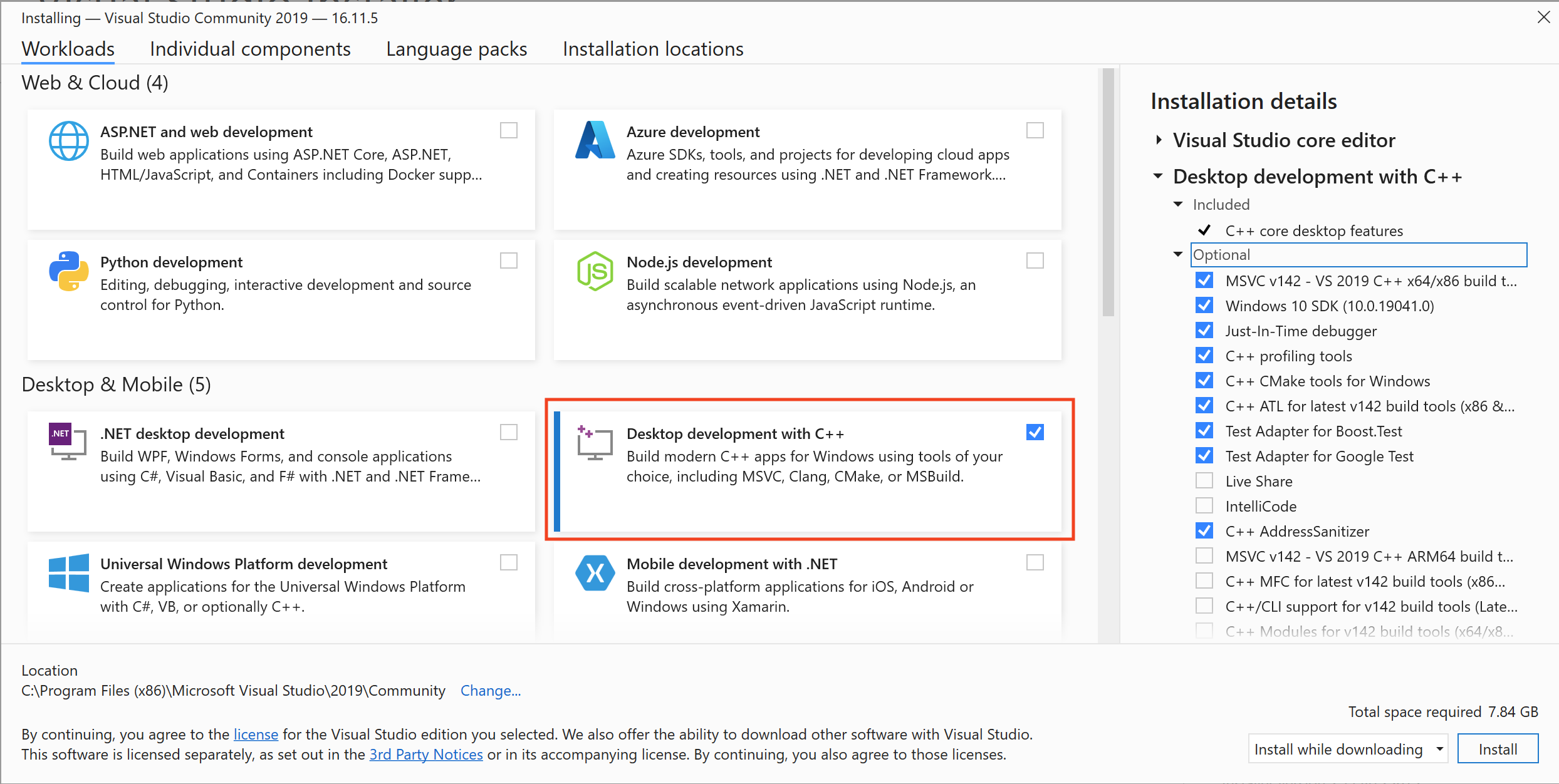 Visual Studio 2019 - Select Desktop Environment with C++